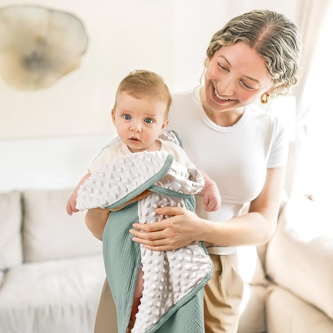 lulumoon Baby Blanket for Newborn Receiving: Minky Dot & Muslin Lightweight - Thermal Blanket Gift for Baby Shower & Hospital Welcoming 30"x40"(Sage)
