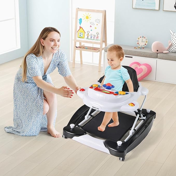 BABY JOY 6-in-1 Baby Walker, Foldable Baby Walker with Wheels, Adjustable Height, Music, Lights, Bouncer & Rocker Mode, Baby Walkers for Boys Girls 6-14 Months (Black)