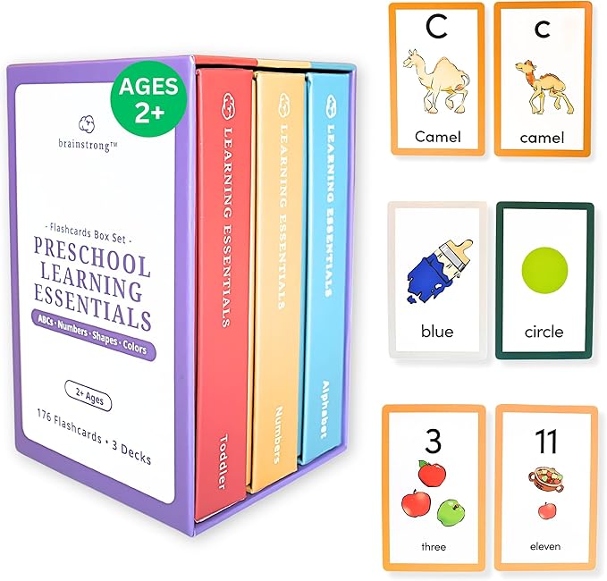 176 Prek Flashcards | Learn to Read and Count | Ages 2-5 | Preschool - Kindergarten | Letter Numbers Shapes Colors | Brainstrong Premium Flash Cards | Preschool Learning Esssentials in Three Decks