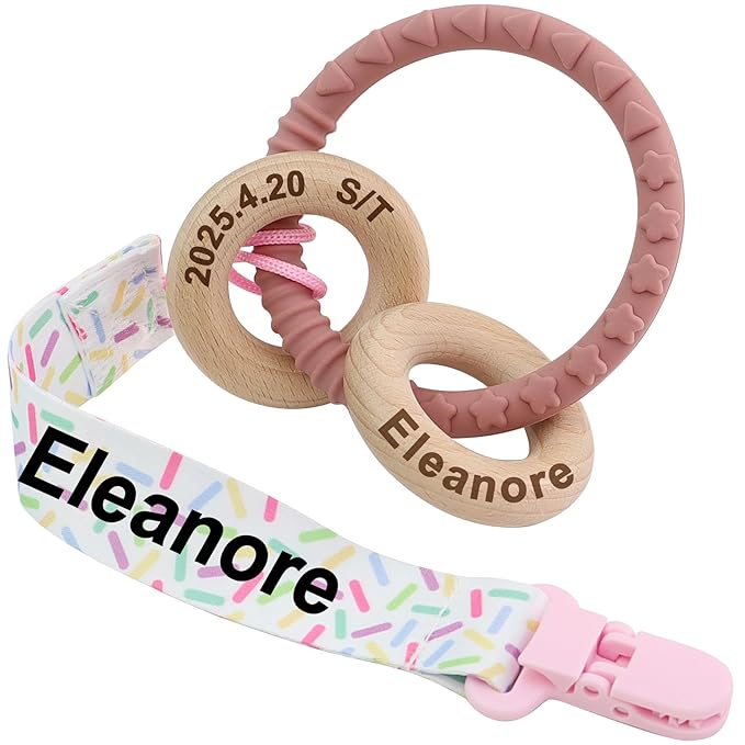 Personalized Name Teether Rattle with Name for Newborn,Custom Wooden Baby Rattle Toys Teether Ring Gift