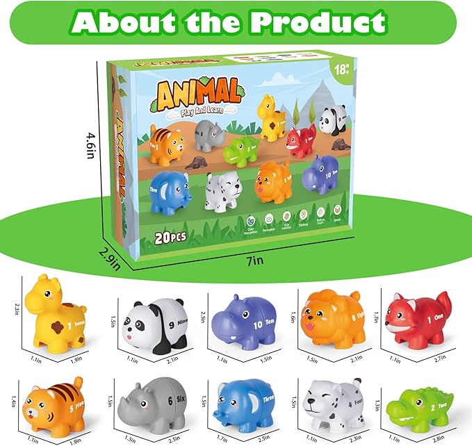 20PCS Animal Number Matching Learning Toys for Toddlers 2-4, 10 Different Animal Figures, Montessori Educational Toys Gifts for Boy Girl, Preschool Learning Activities, Double Sided Matching Game
