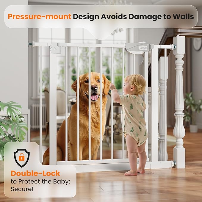 Auto-Close Baby Gate for Stairs & Doorways Dog Gate - Adjustable Steel Safety Gate with Dual Lock, Fits 29"-39" Wide, Pressure Mount No Drilling (White, 30-39" W x 30" H)