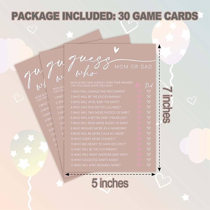 Baby Shower Games, Pink Who Mom or Dad Game Cards, 30 Sets Baby Gender Reveal Party Decorations Supplies Favors - F01