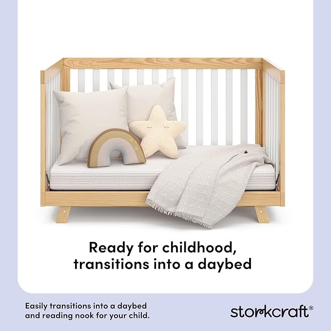 Storkcraft Beckett Convertible Crib (Natural with White Slats) – Converts from Baby Crib to Toddler Bed and Daybed, Fits Standard Full-Size Crib Mattress, Adjustable Mattress Support Base