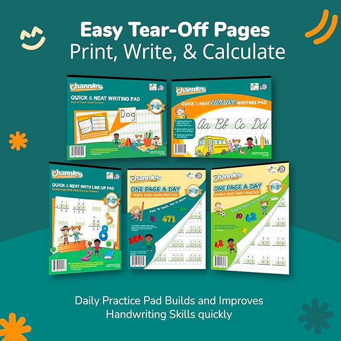 Best value Channie’s Visual Math, Handwriting, and Cursive Bonus Pack of 5 Separate Workbooks, Grades 1st – 3rd, With FREE Alphabet Card - Learning Workbook for Homeschool and After School