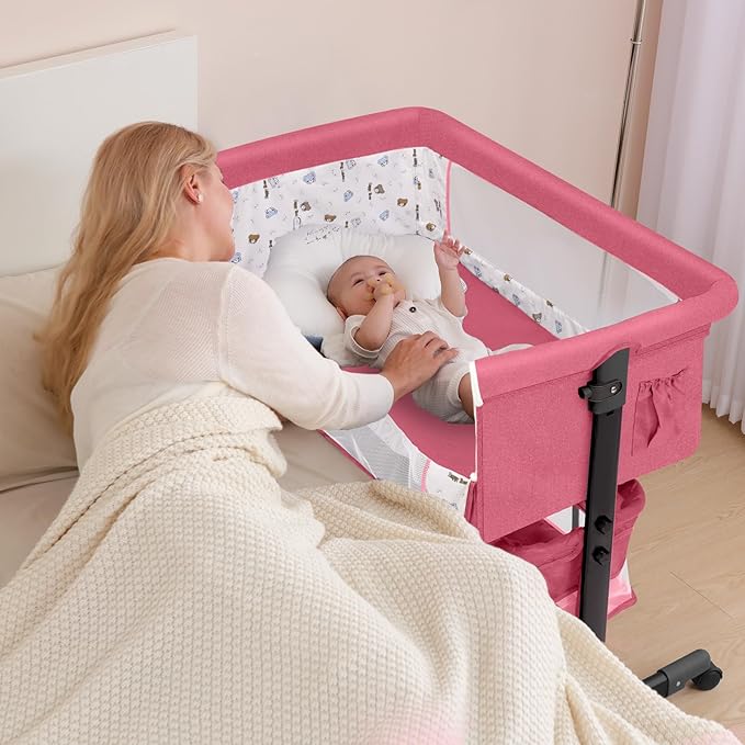 Baby Bassinet, Baby Basinet Bedside Sleeper, Easy to Fold Portable Crib Side Bassinet 2025new Style Girl/boy bassinets (Pink)