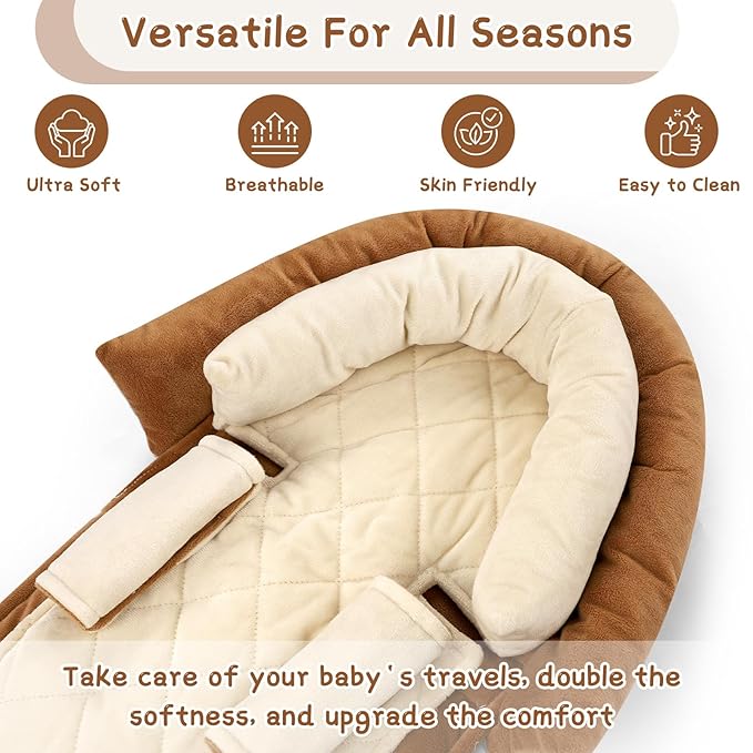 Baby Car Seat Head Body Support & Strap Covers, 2 in 1 Infant Car Seat Insert, Reversible Soft Breathable Newborn Cushion Pads for Preemie, Perfect for Baby Carseats, Strollers, Swings (Brown)