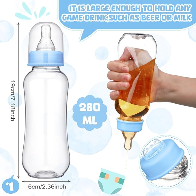 Hushee 12 Sets Funny Plastic Bottle Chug Baby Shower Games Diaper Baby Shower Game Gender Reveal Race Gifts Decoration for Adults Boys Girls (Blue)