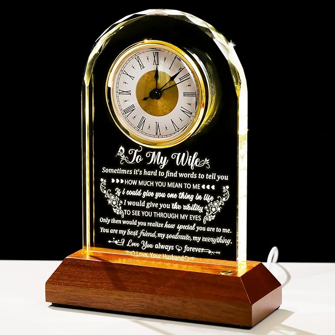 Glass Clock Gifts for Wife from Husband with Wooden Light Base, Personalized Gift for Wife Who Has Everything on Birthday Valentine's Day, Presents for Her on Christmas Home Desk Clock