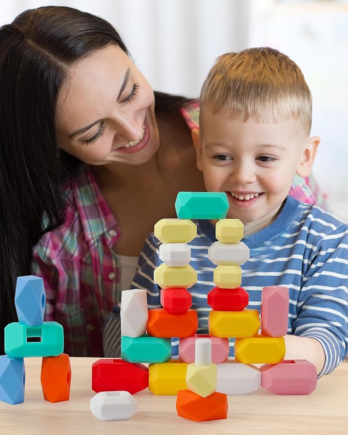 D-FantiX 39 PCS Silicone Sorting Stacking Rocks Stones, Sensory Learning Montessori Toys for 3 4 5 6 Year Old Kids, Educational Stacking Toys Building Blocks for Toddlers