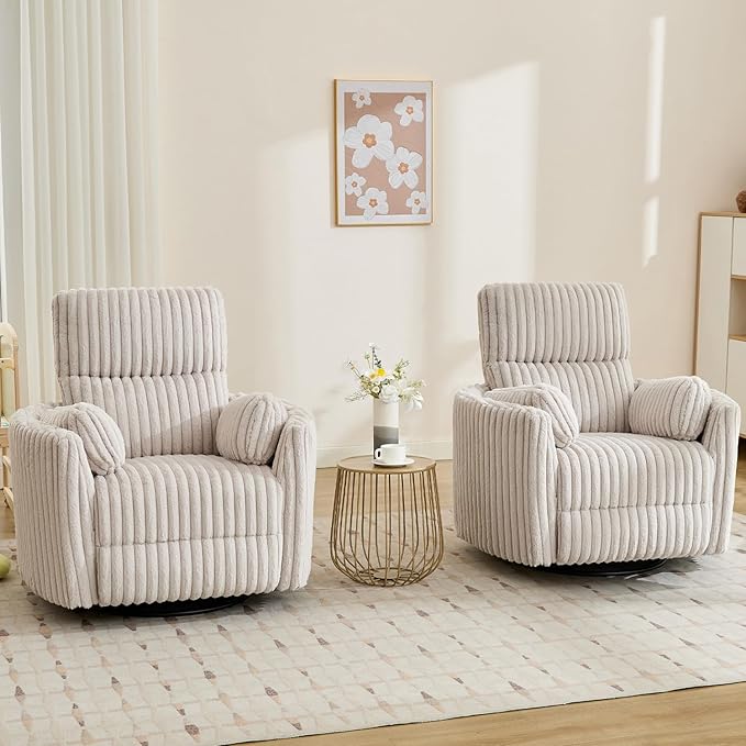 Power Swivel Glider Rocking Recliner Nursery Chair with 2 Pillows, Electric Rocker Reclining Chairs with Type-C & USB Charger Port for Living Room, High Back Barrel Armchair for Bedroom,Corduroy,Beige