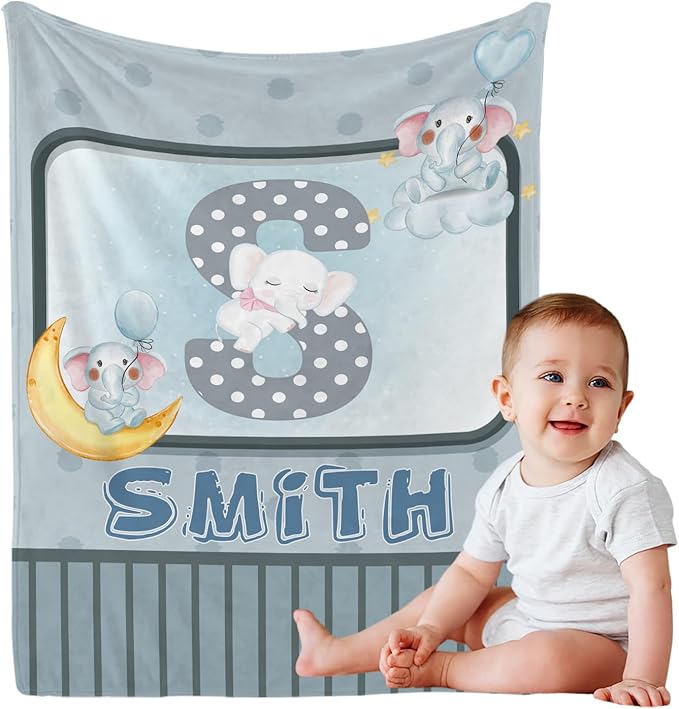 Personalized Cute Elephant Name Blanket, Custom Cartoon Alphabet Name Blanket Toddler Girls Soft Flannne Swaddling Blankets Customized Monogram Memorial Gift from Nana for Infant Newborn Shower