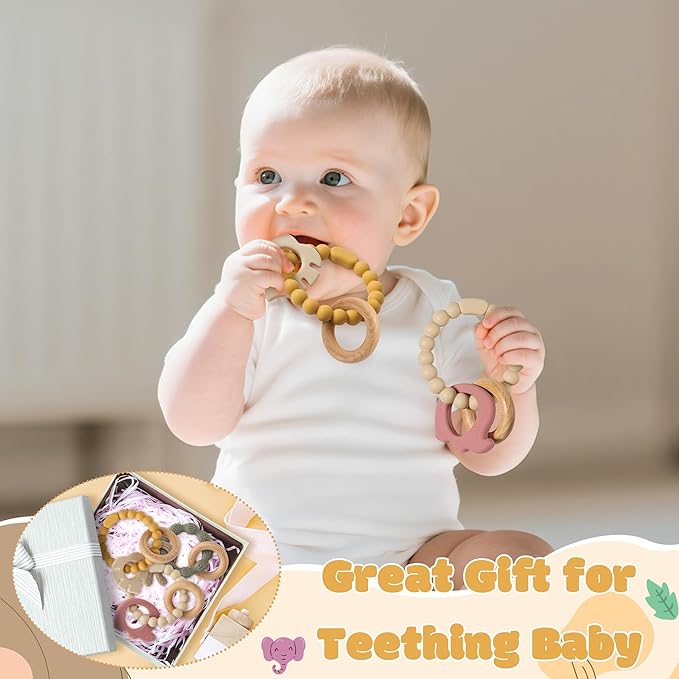 Silicone Teether Toys for Babies - 2ooya 3Pcs Animals Themed Teething Ring, Elephant Baby Sensory Chew Toys with Rattles for Newborn Boy and Girl to Soothe Sore Gums, Baby Shower Birthday Gifts