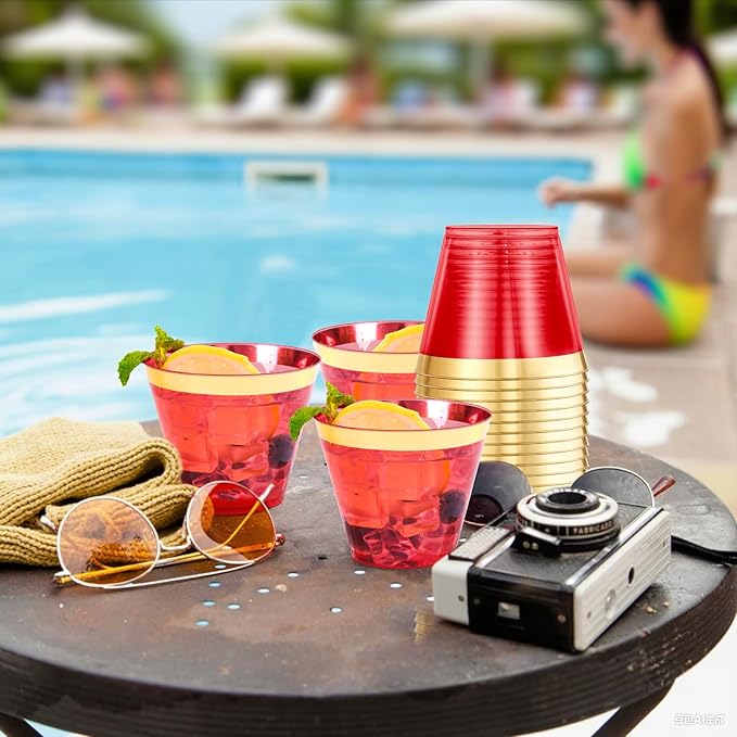 supernal 100 Pcs Red Cups, 9oz Red Plastic Cups with Gold Rim, Plastic Wine Cocktail Glasses Perfect for Party, Wedding and Birthday, Cute Cocktail Party Cup Disposable Wine Glasses