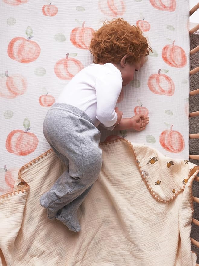 TILLYOU Muslin Crib Sheets for Boys and Girls 2 Pack, Neutral Soft Cotton Baby Crib Mattress Protector, for 52x 28 Toddler Bed, Peach dot & Light Green