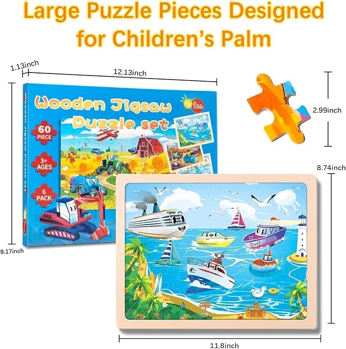 Wooden Vehicle Puzzles for Kids Ages 4-6,6 Pack 60Pcs Jigsaw Wooden Car Puzzles for Toddlers 3-5,Preschool Educational Toys Gifts for Children Ages 4-8,Kids Learning Toys for 4+ Year Boys Girls