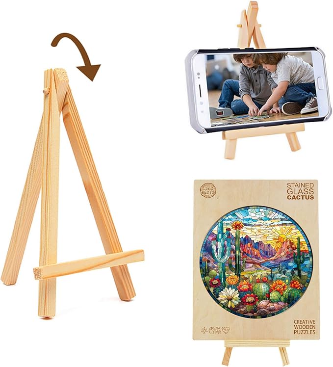 Jigfoxy Wooden Puzzles for Adults, Stained Glass Cactus Wood Puzzles Adult, Unique Animal Shape Wooden Jigsaw Puzzles for Adults, Birthday Gifts for Puzzle Lovers, Family (L-13.4 * 13.4in-300pcs)