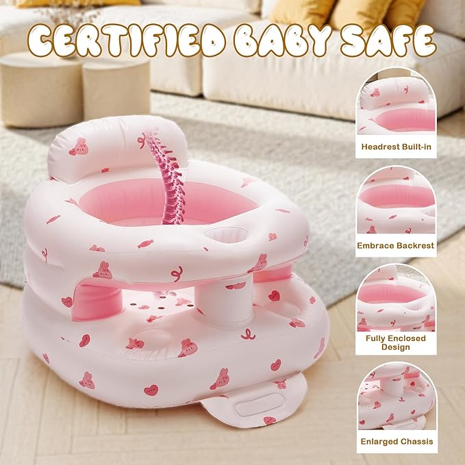 Inflatable Baby Seat for Babies 3-36 Months,Baby Floor Chair with Built in Air Pump,Infant Back Support Seat for Sitting & Learning to Sit (Pink Bunny)
