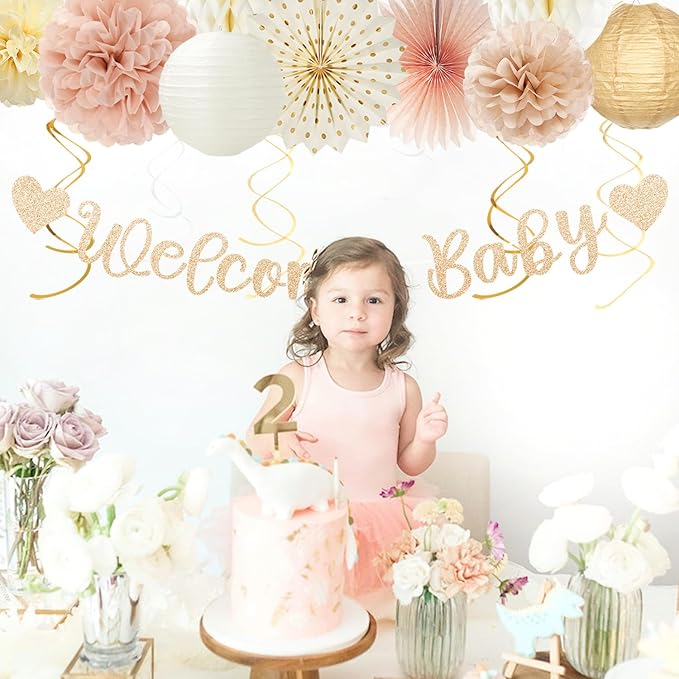 Champagne-Gold Fall Boho Baby Shower Party-Decorations - 21pcs Girls Welcome Baby Banner,Beige One Sweet Peach Paper Lanterns Pom Poms, Neutral Streamers Garland Decor Favors Huglony