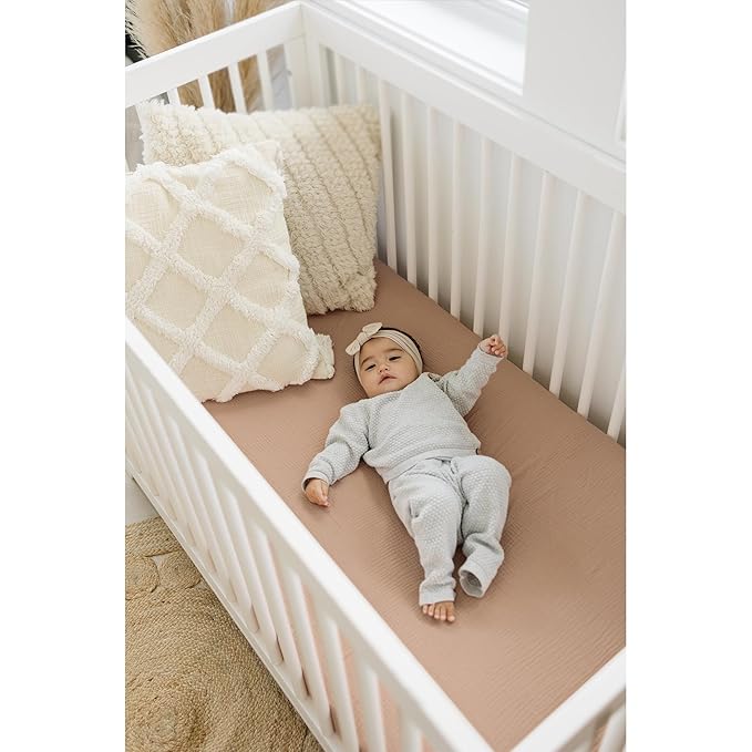 Konssy Muslin Crib Sheets for Girl Boy, 2 PCS Soft and Breathable Cotton Baby Sheets for Standard Crib Mattress, 52"x 28" (Moon,Camel)