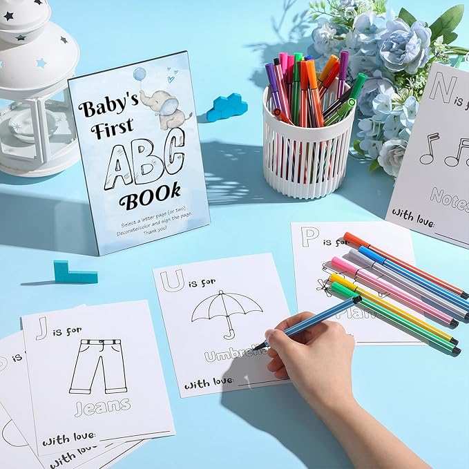 Geelin 51 Pcs Fun Baby Shower Game Activities First Abc Book Sign Coloring Game Card 26 Alphabet a to Z Coloring Card with 24 Watercolor Pen Storage Bag for Baby Shower Party(Blue Elephant)