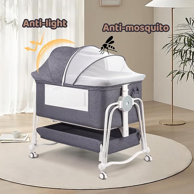 4 in 1 Baby Bassinet Bedside Sleeper, Rocking Baby Crib with Lockable Wheels, Storage, Mosquito Net and Matress Included, 7 Level Adjustable Bedside Bassinet for Baby Newborn(Gray)