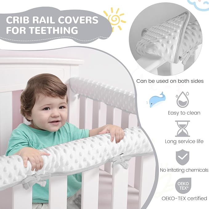 Plush Gray 3pcs New Teething Edge Crib Rail Cover&Corner Guard Coverage Straps,Reversible Guardrail Cover Protector for Boys Girls(1 Long 2 Short)