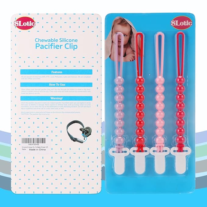 4-Pack Silicone Pacifier Clips with One-Piece Beads for Baby Boys and Girls - Flexible and Rust-Free Holders for Teething Relief and Baby Essentials, Safe for Newborns (Pink)