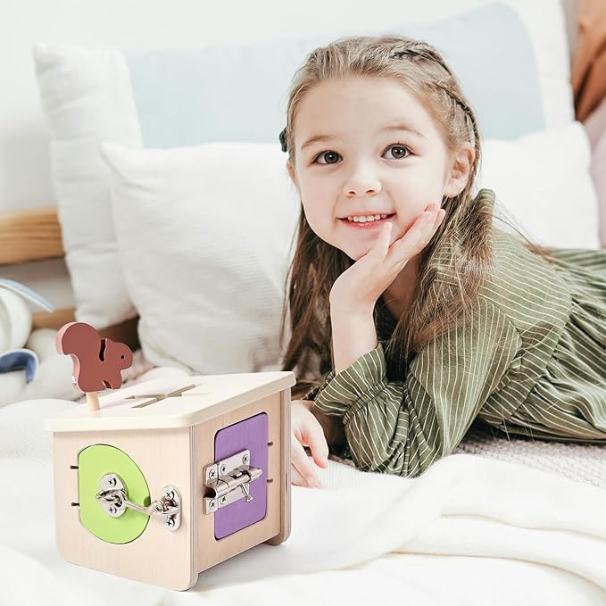 IEATFO Wooden Lock Box STEM Learning Toys for Kids - Montessori Puzzle Cube with 3 Types of Locks (Hook/Chain/Sliding Bolt), Shape Sorting - Early Educational Fine Motor Skills for Boys & Girls
