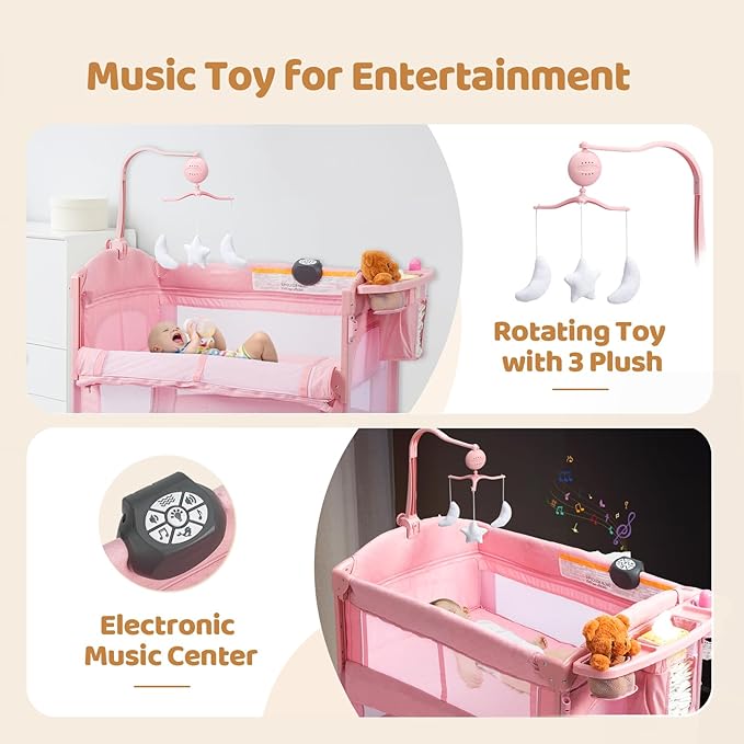 JOYMOR 9 in 1 Bedside Bassinet with Changing Table, Pack and Play with Bassinet, Convert to Rocking Baby Bed with Electric Music Center, Mosquito Net, Toy, Storage,Pink