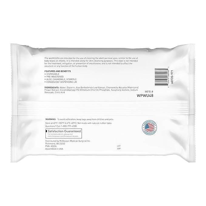 McKesson Washcloth Wipes for Adults, Unscented (12 Pack, 576 Washcloths) Disposable Wash Cloths for Body - Fragrance-Free No-Rinse Formula - Good for Incontinence and Elderly - 48 Wipes Per Pack