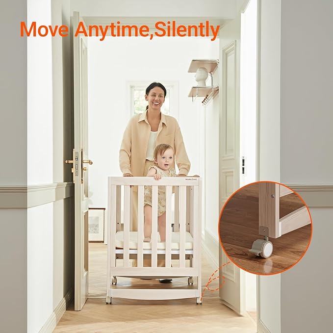 EvoNest Baby Crib, 6 in 1 Convertible Mini Crib with Wheels, 100% New Zealand Wood Growing Bed, 4 Adjustable Mattress Height, Washed Natural