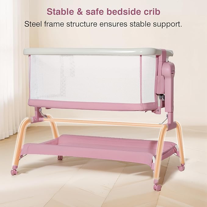 Bedside Cribs 3 in 1 Baby Bassinet Bedside Sleeper with Adjustable Height Easy Folding Portable Crib Comfy Mattress and Wheels - Pink