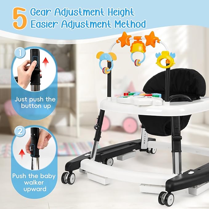 5-in-1 Music and Lights Baby Walker Foldable with 5 Adjustable Heights, Baby Walker with Wheels and Bouncer Combo Portable, Infant Toddler Walker for Baby Boy Girls 6-18 Months