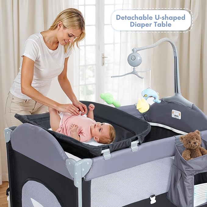 SIMPLGIRL 5-in-1 Baby Bassinet Bedside Crib, Pack and Play Long Next to Parents Bed Crib, Foldable Playard, Playpen Travel Bed Nursery Center for Girl Boy Infant Newborn