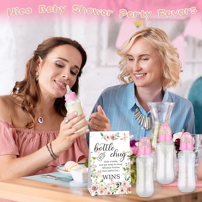 TrelaCo Cool Baby Shower Games Sets 12 Pcs Feeding Bottles with 1 Bottle Chug Sign for Gender Reveal Baby Shower Party Favors Decoration Games(Floral,Pink)