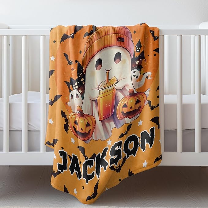 Ship Next Day, Custom Halloween Blanket - Printed in USA, Personalized Baby Blankets with Name, Gift for Kids Boys Girls, Unique Present for Birthday, Christmas, Halloween Bats Toddler Blanket