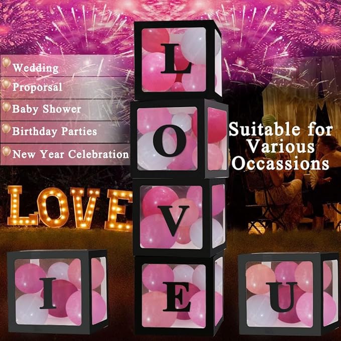 Ledido Black Transparent Balloon Boxes With 78 Letters, Letter Box for Baby Shower Clear Baby Box Black Balloon Boxes for Birthday, Bridal Shower, Graduation Prom Party Decoration, 6 PCS