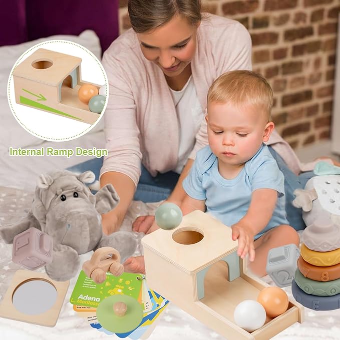 Adena Montessori Play Kit for 7-12 Month Baby,6 in 1 Learning Educational Brain Development Toys for Toddler Includ First Puzzle,Ball Drop Box,Stacking Pegs,First Blocks,Wooden Moving Car,Hand Puppet