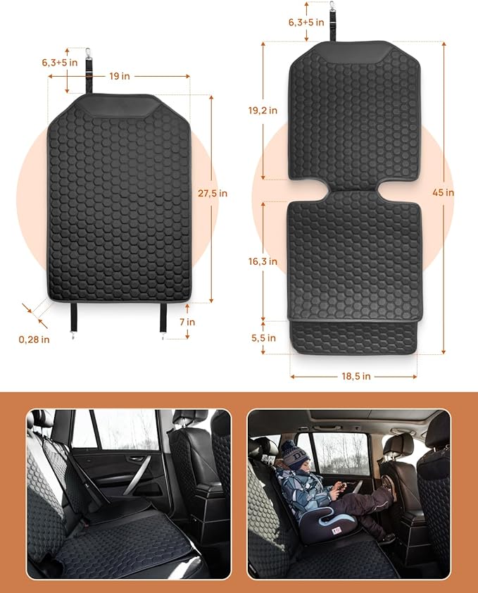 Car Seat Protector Set - Black, Waterproof & Non-Slip, Kick Mat & Back Seat Protection