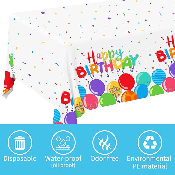Gatherfun Birthday Disposable Tablecloth, Plastic Table Cover for Kid’s Birthday Party, 54”x108”, 3 PCS