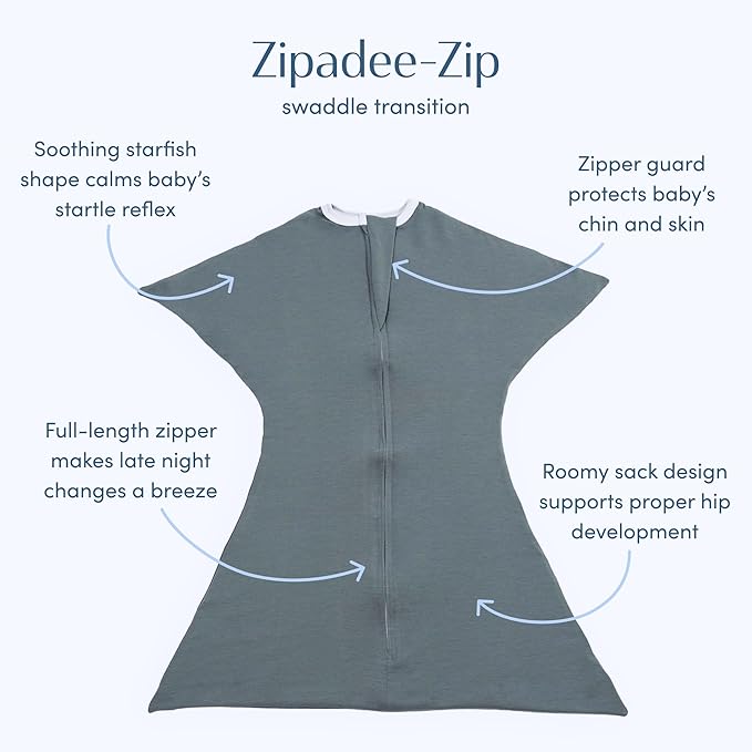 SleepingBaby Zipadee-Zip Transition Swaddle - Cozy Baby Swaddle Blanket with Zipper Convenience - Roomy Wearable Blanket for Easy Diaper Changes - Classic Grey, X-Small (3-6 Month)