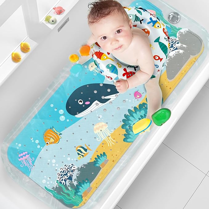 XIYUNTE Baby Bath Mat for Tub Non Slip Kids Bath Mat - 40''x16'' Extra Long Cartoon Whale Baby Bath Tub Mat Eco-Friendly Toddler Bath Mats with Suction Cups & Drain Holes, Easy to Clean & Easy Drying