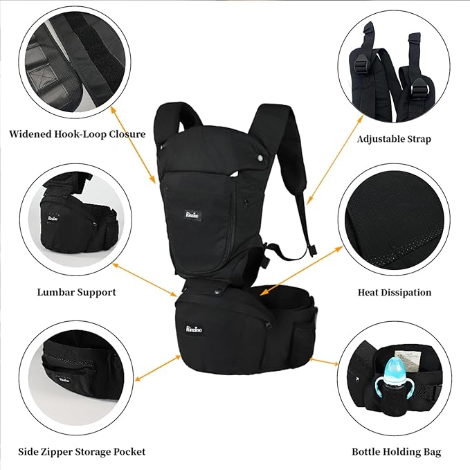 Baby Carrier with Hip Seat 6 in 1 Newborn to Toddler Adjustable Infant Sling with Lumbar Support Baby Wraps Carrier Soft Baby Holder Carrier Lightweight for Women and Men Black All Season