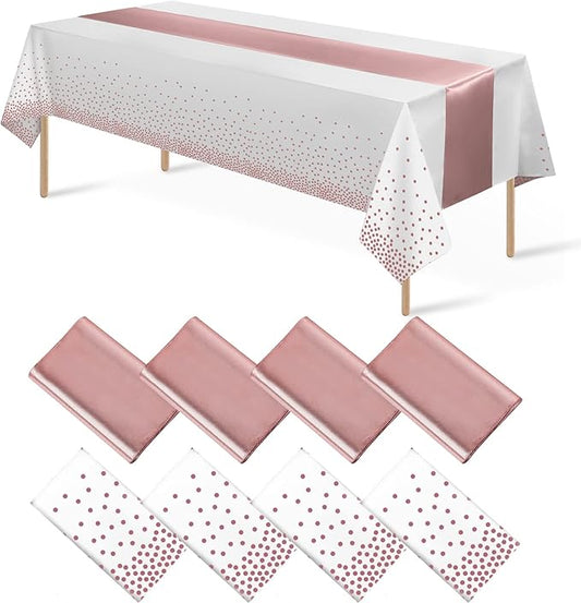 8Pack Disposable Plastic Tablecloths and Satin Table Runner Set White and Rose Gold Dot Tablecloth Rose Gold Satin Table Runner for Wedding Birthday Anniversary Christmas New Year Party Decorations