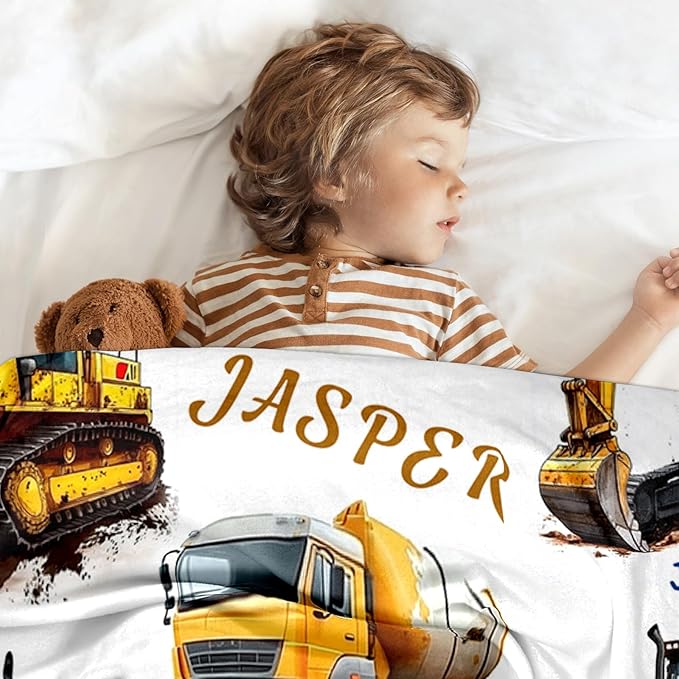 Ship Next Day, Personalized Truck Blanket - Printed in USA, Custom Name Blankets for Kids with Engineering Vehicle, Home Bedding Bed Decor, Fun Birthday Gift for Boys&Girls Women Man