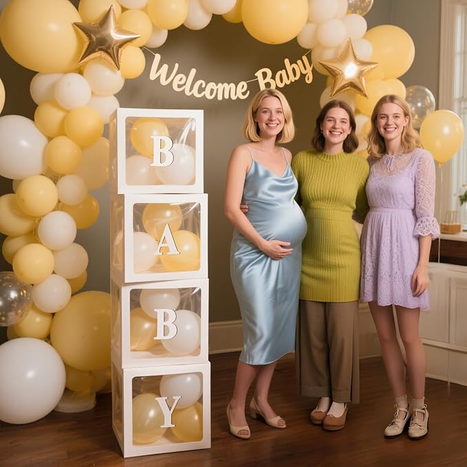Ledido Baby Boxes with Letters for Baby Shower Decorations, 4 pcs Clear Baby Balloon Boxes Blocks for Baby Shower Decor with Letters for Boy Girl Gender Reveal Decorations Backdrop Party (White)