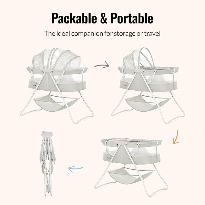 Dream On Me Karley Bassinet in Cool Grey, Lightweight Portable Baby Bassinet, Quick Fold and Easy to Carry , Adjustable Double Canopy, Indoor and Outdoor Bassinet with Large Storage Basket.