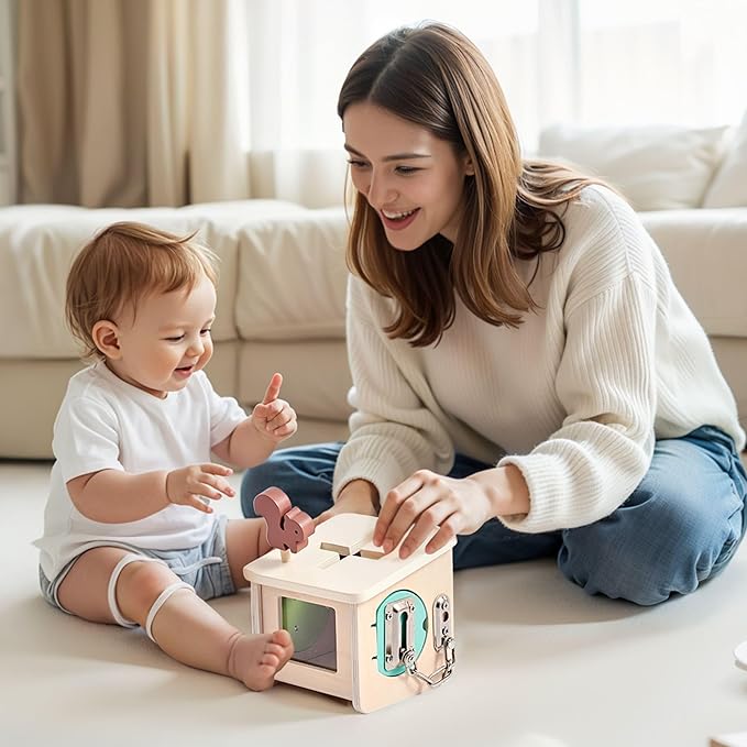 IEATFO Wooden Lock Box STEM Learning Toys for Kids - Montessori Puzzle Cube with 3 Types of Locks (Hook/Chain/Sliding Bolt), Shape Sorting - Early Educational Fine Motor Skills for Boys & Girls