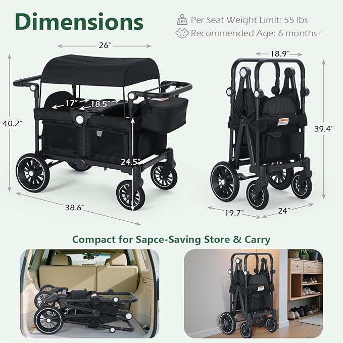 Kinder King Folding Wagon Stroller for 2 Kids, All-Terrain Baby Stroller Wagon Outdoor, Removable Canopy 2 Seater, Adjustable Handle, Shock-Absorbing Wheel, Detachable Tray, Parent Organizer, Black